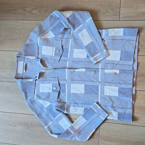Sioni Blue and White Plaid Sweater with Buttons and Collar Shacket Size S